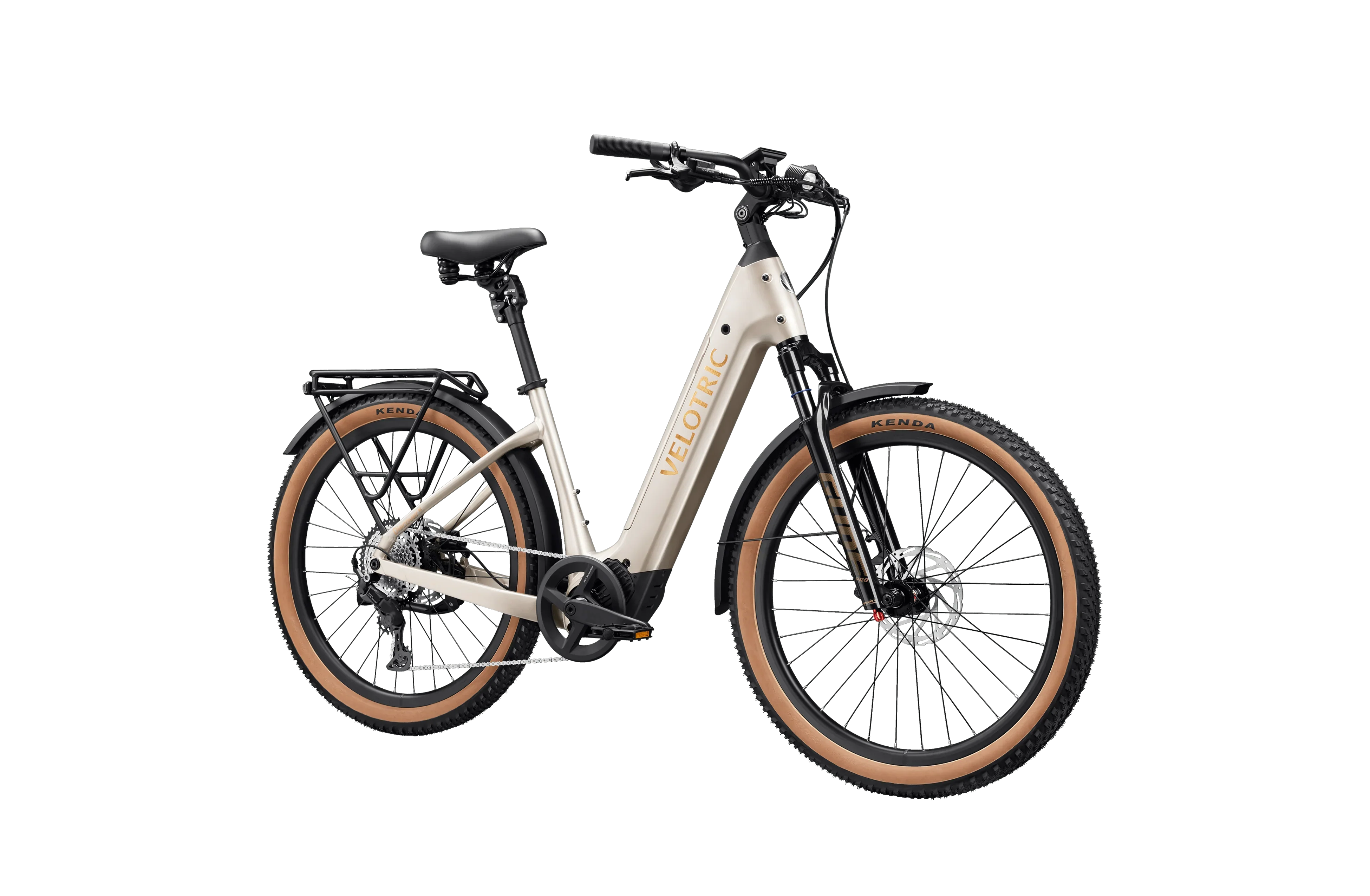 A Velotric Discover M eBike in a side view, showcasing its step-through frame, integrated battery, upright handlebars, and rear cargo rack, set against a plain background.