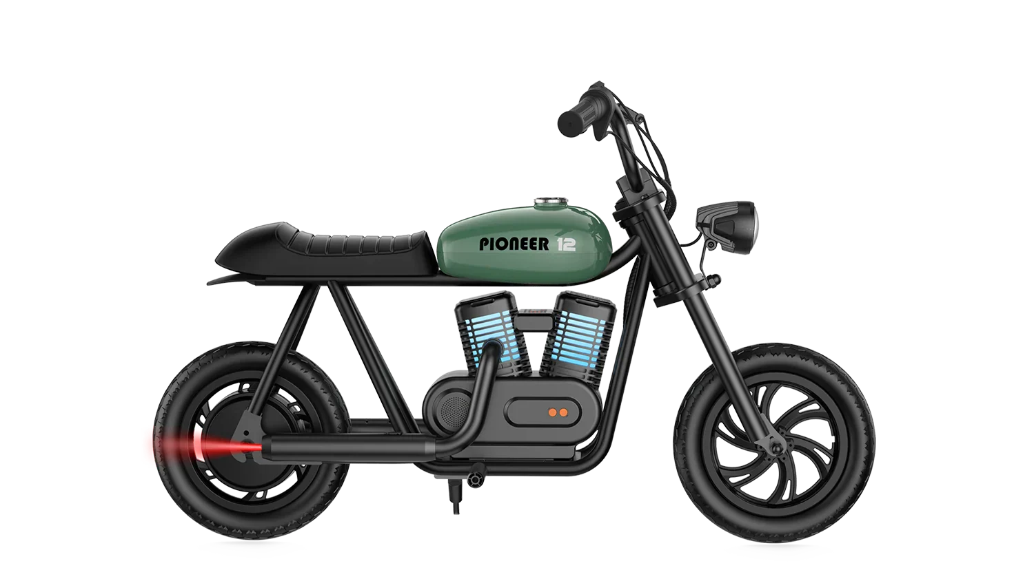 Green eMOTO Hyper Gogo Pioneer 12 Plus electric bike without training wheels, side view