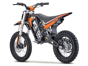 eMOTO EBOX2 V2 Stomp EBOX electric pit bike, 60V 2000W, off-road motocross e-bike for kids, side view, black and green design, knobby tires, sturdy frame