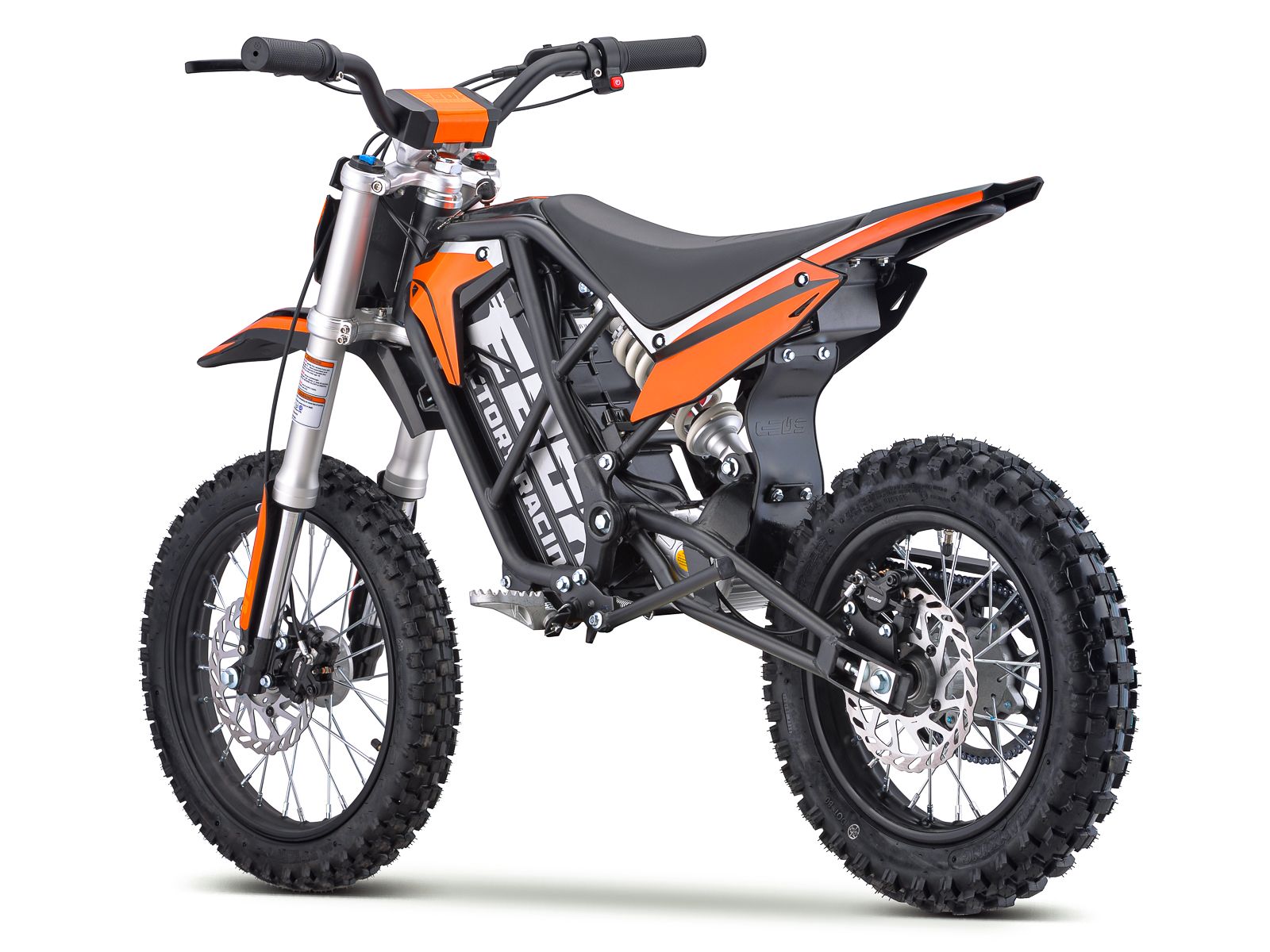 eMOTO EBOX2 V2 Stomp EBOX electric pit bike, 60V 2000W, off-road motocross e-bike for kids, side view, black and green design, knobby tires, sturdy frame