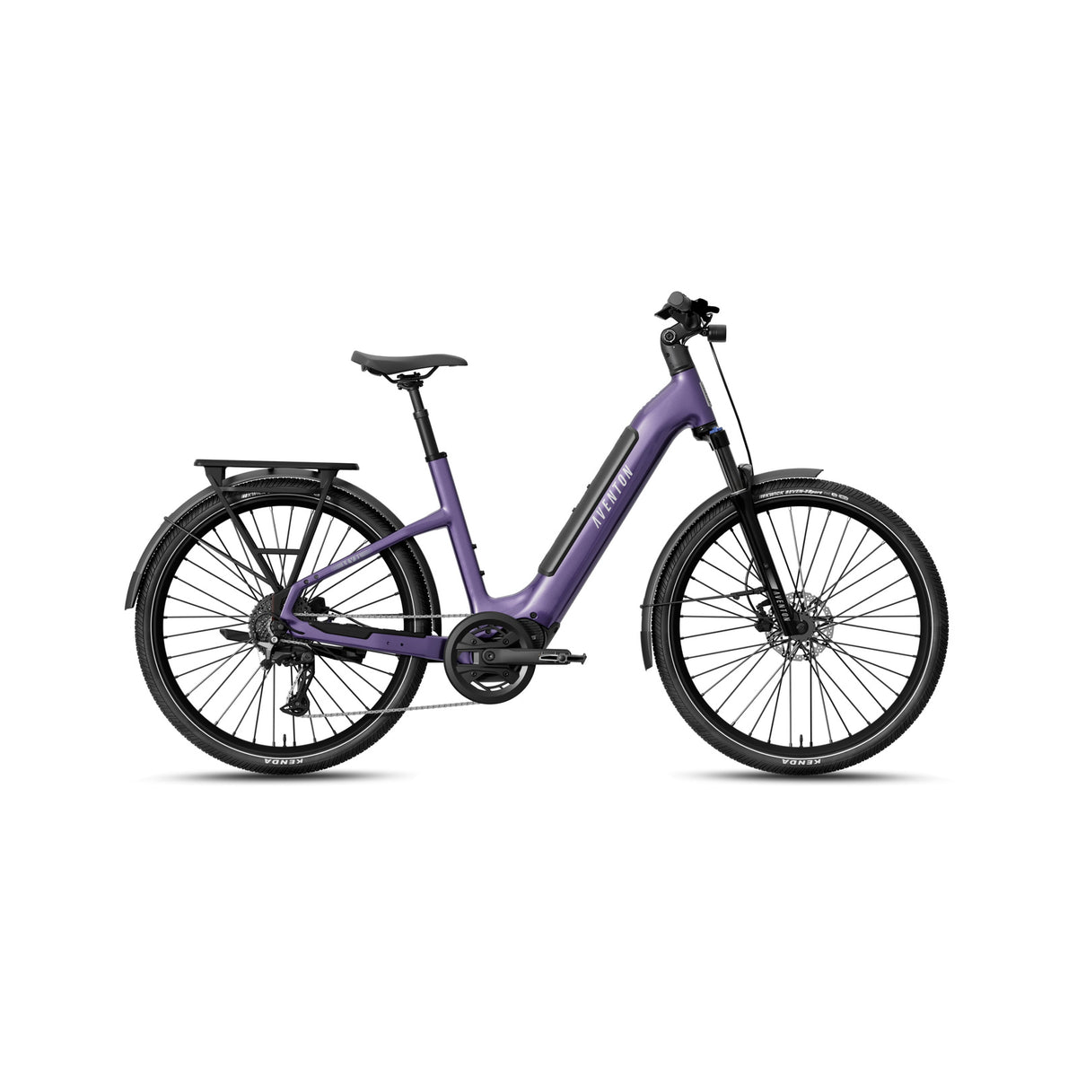 Aventon Level 4 ADV Step-Thru electric bike in Haze color, side view, showcasing frame design, integrated battery, and upright handlebars.