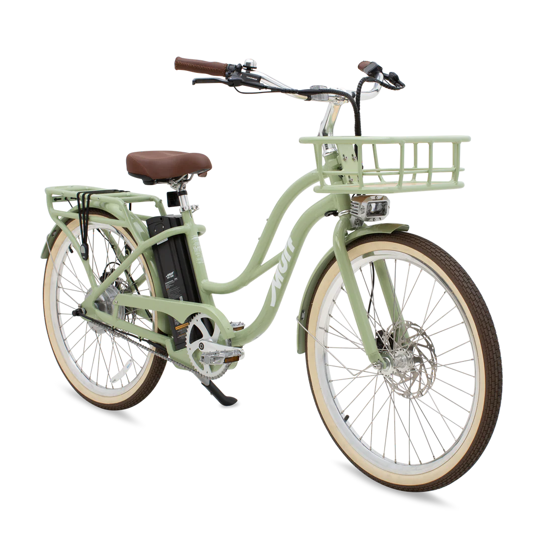 Sage green Murf Gigi 2.0 electric bike side view, featuring step-through frame, wide tires, and rear rack.