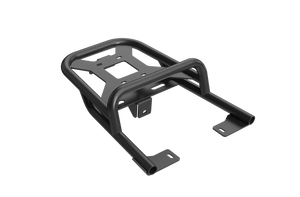 Black metal rear rack mounted on the back of a Raev Bullet eBike, shown from a side angle against a white background.