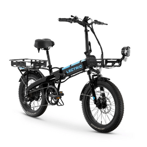 A black Lectric XP 3.0 folding fat tire eBike with a step-over frame, 500W motor, and commuter design, shown fully assembled against a white background.
