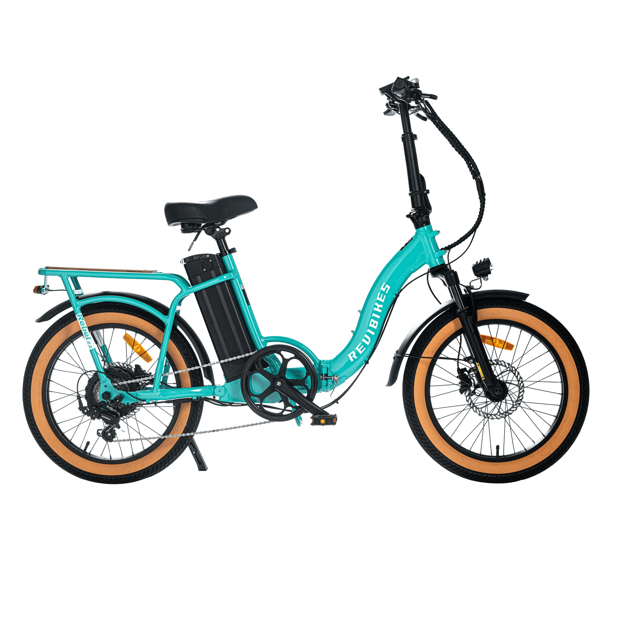 A white REVI Rebel 2 750w step-thru electric folding bike with 20x3 fat tires, shown from the side against a plain background.