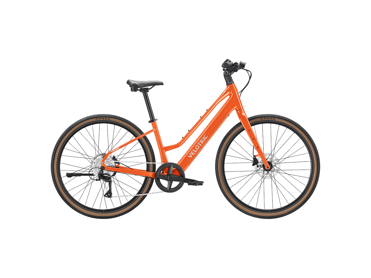 Velotric Tempo Mid Step eBike in Sunset Tangerine color, side view, against a plain background