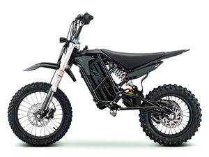 Side view of the eMOTO Stomp Ebox V3 72 RS electric dirt bike in black and green, showcasing its frame, wheels, and suspension system.