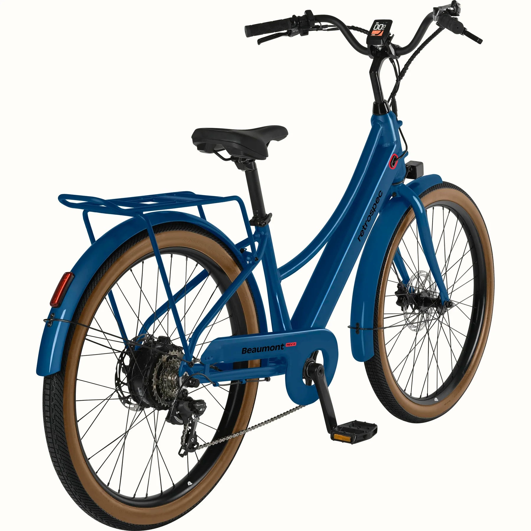 Retrospec Beaumont Rev 3 Plus eBike in Classic Blue, side view, showing step-through frame and rear rack