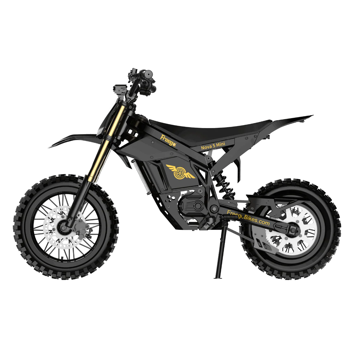 Side view of the Freego Nova 5 Mini eBike in black, showing its compact frame, thick tires, and foldable design.