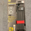 A black eMOTO eBike Lock SEATYLOCK Foldylock 110 displayed folded on a white background, showing its compact design and sturdy construction.