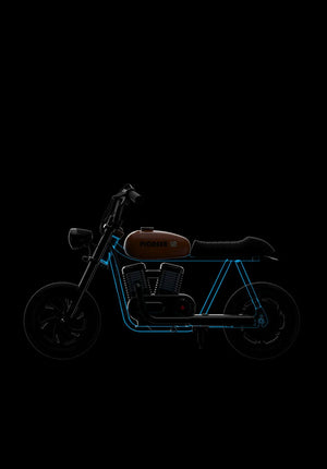 Electric mini bike Hyper Gogo Pioneer 12 Plus in black and orange, side view, showing thick tires, sturdy frame, and LED headlight.