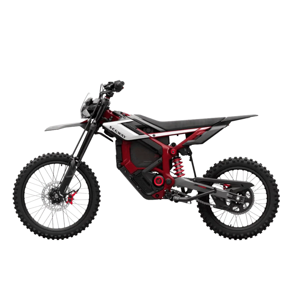 A red eMOTO Segway Xaber 300 electric motorcycle parked on a velvet-textured surface, showcasing its sleek design and modern features.