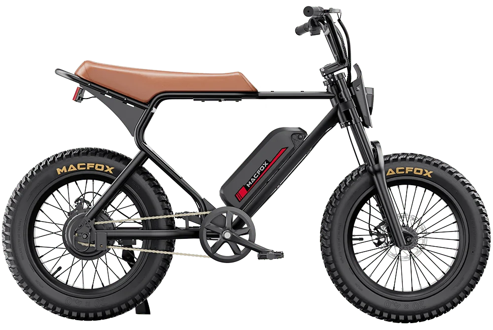 A black MACFOX X1S commuter electric e-moto style eBike with step-over frame, 500W motor, and mini fat tires, shown from a side angle.