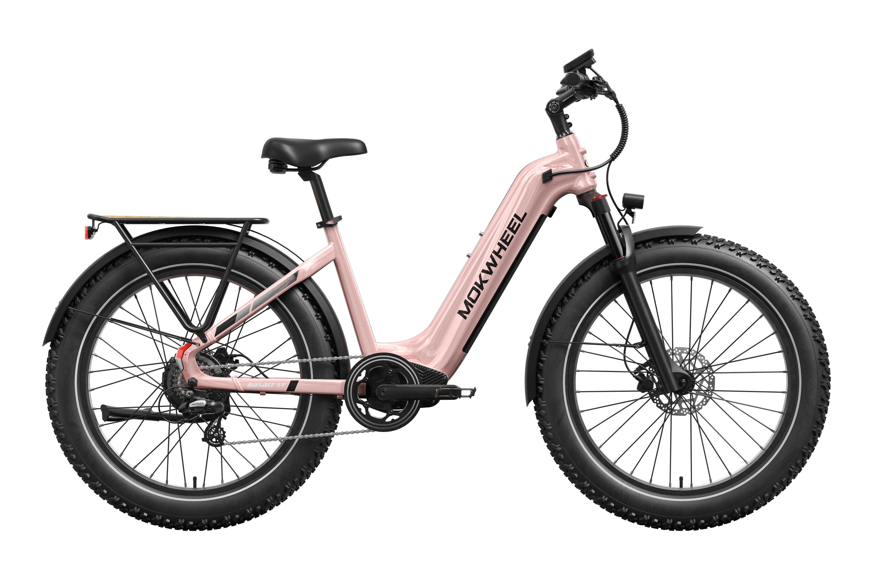 Mokwheel Basalt 2.0 Step Thru eBike in Crystal Pink, side view, against a white background