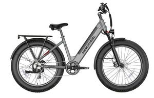 Grey MOKWHEEL Mesa Plus ST 750W step-thru electric bike with 26x4 fat tires, beach cruiser style, shown in side profile.