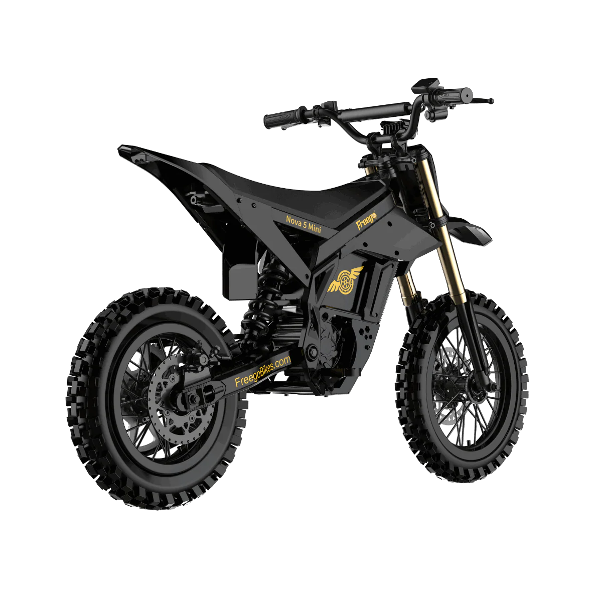 Side view of the Freego Nova 5 Mini eBike in black, showing its compact frame, thick tires, and foldable design.