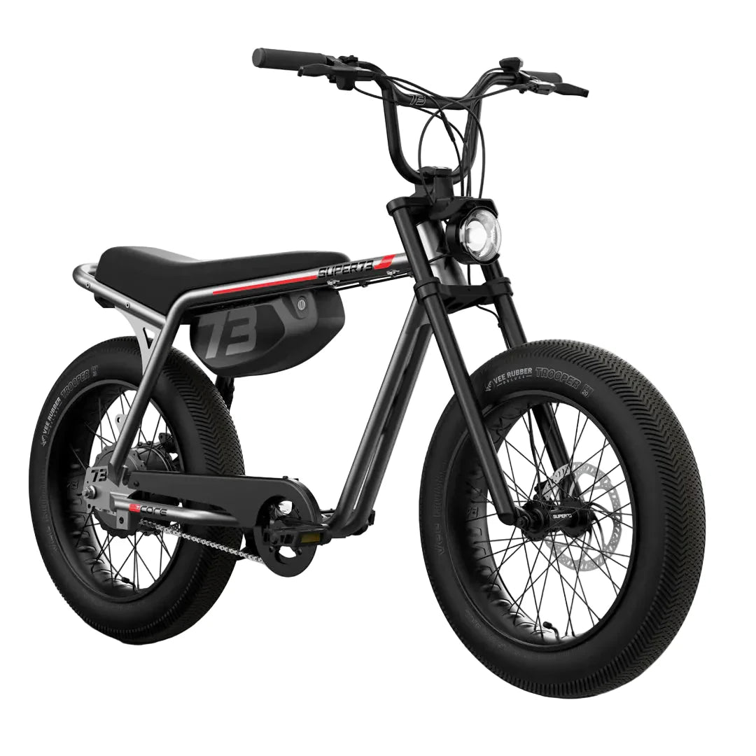 Side view of a Super73 Z Miami Core eMOTO eBike in a showroom, showcasing its sleek frame, thick tires, and minimalist design.