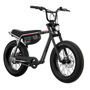 Side view of a Super73 Z Miami Core eMOTO eBike in a showroom, showcasing its sleek frame, thick tires, and minimalist design.