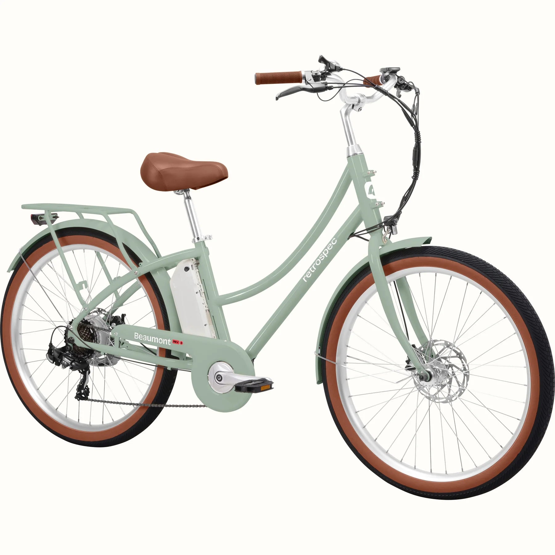 Retrospec Beaumont Rev 3 electric bike in mint green, side view, with step-through frame, rear rack, and brown saddle and grips.
