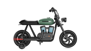 Green eMOTO Hyper Gogo Pioneer 12 Plus electric bike with training wheels, side view