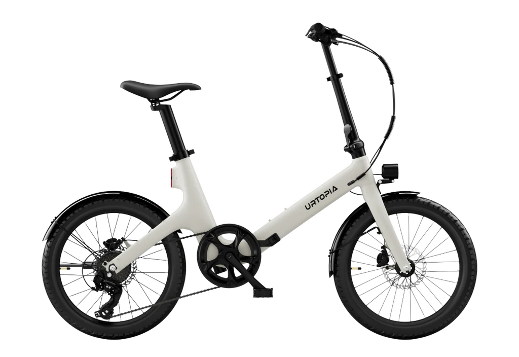 Urtopia Carbon Fold Step Thru eBike in creme color, side view, folded position, showcasing lightweight carbon frame and compact design.