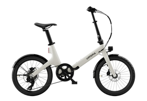 Urtopia Carbon Fold Step Thru eBike in creme color, side view, folded position, showcasing lightweight carbon frame and compact design.