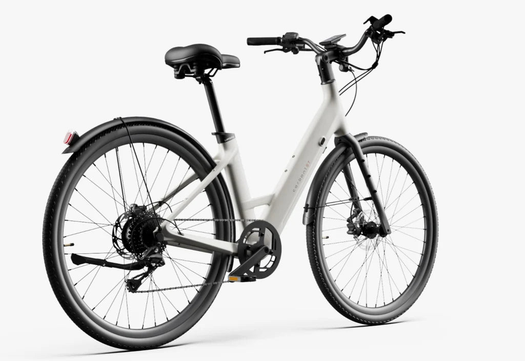 Side view of the Urtopia Carbon Classic Step Thru eBike in creme color, showcasing its lightweight carbon frame, step-through design, and sleek modern styling against a plain background.