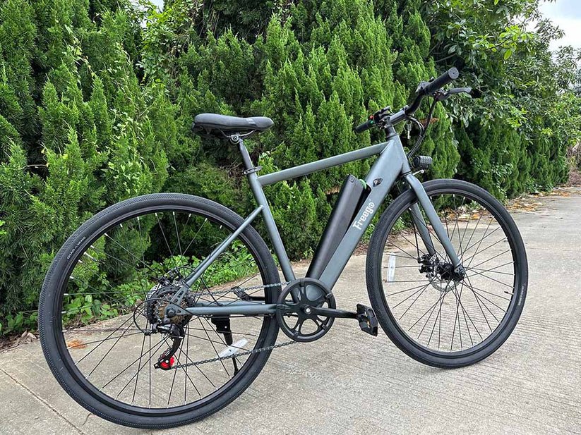 Freego E7 Electric Town eBike in step-over frame design, 250w motor, commuter style, shown in side profile with city background.
