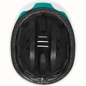 Matte Capri blue Retrospec Remi eBike helmet, side view, with adjustable straps and ventilation holes