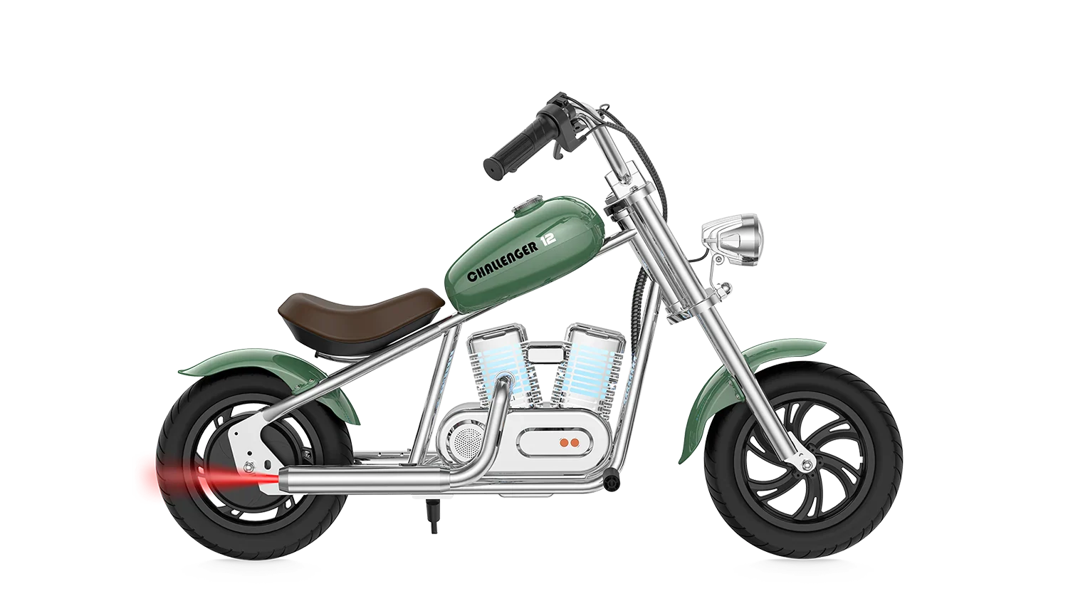 Green eMOTO Hyper Gogo Challenger 12 Plus electric bike without training wheels, side view, shown on a white background.