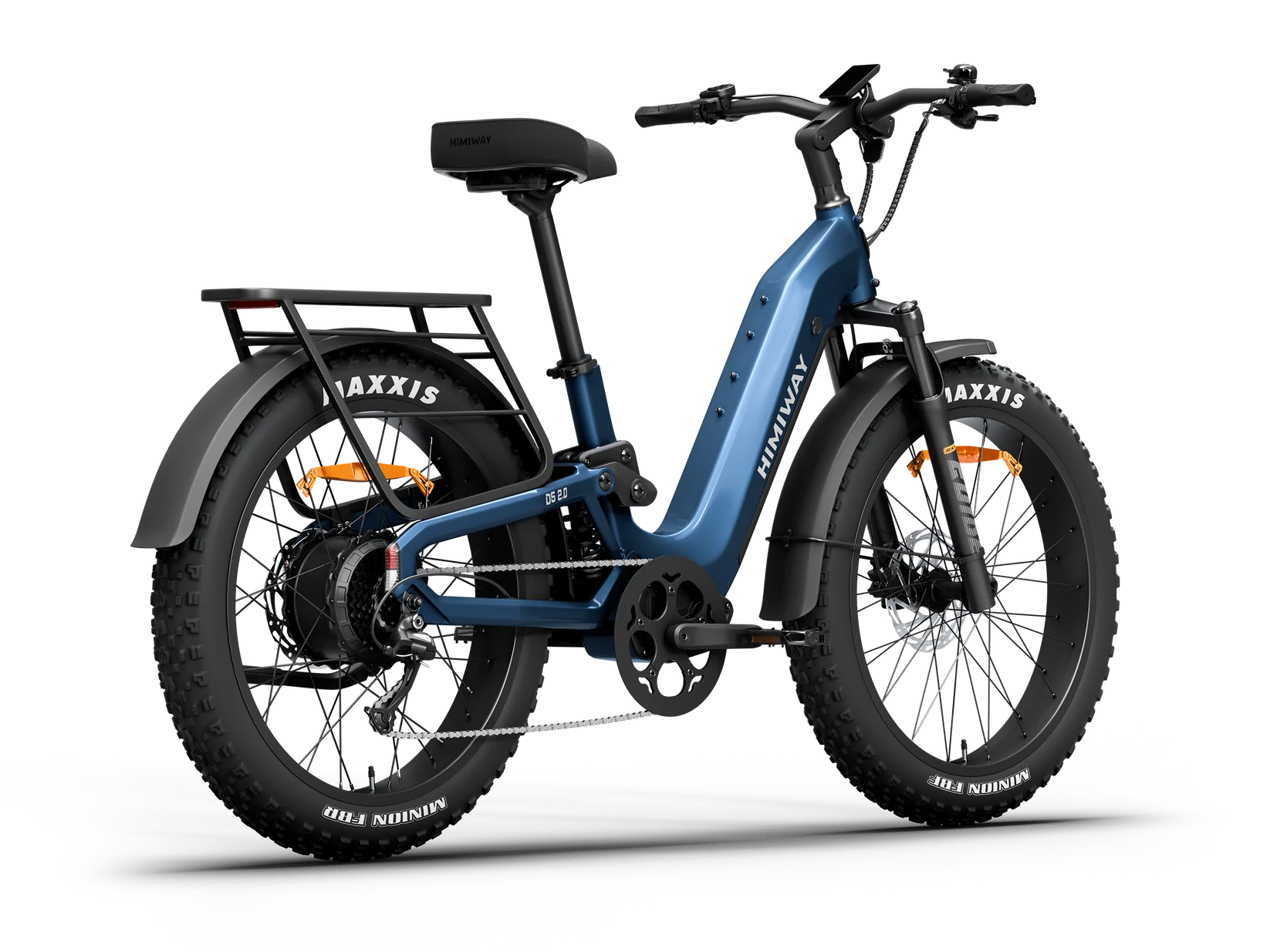 Side view of the Himiway D5 2.0 ST eBike in Midnight Blue, showcasing its step-through frame, thick tires, and battery integrated into the downtube.