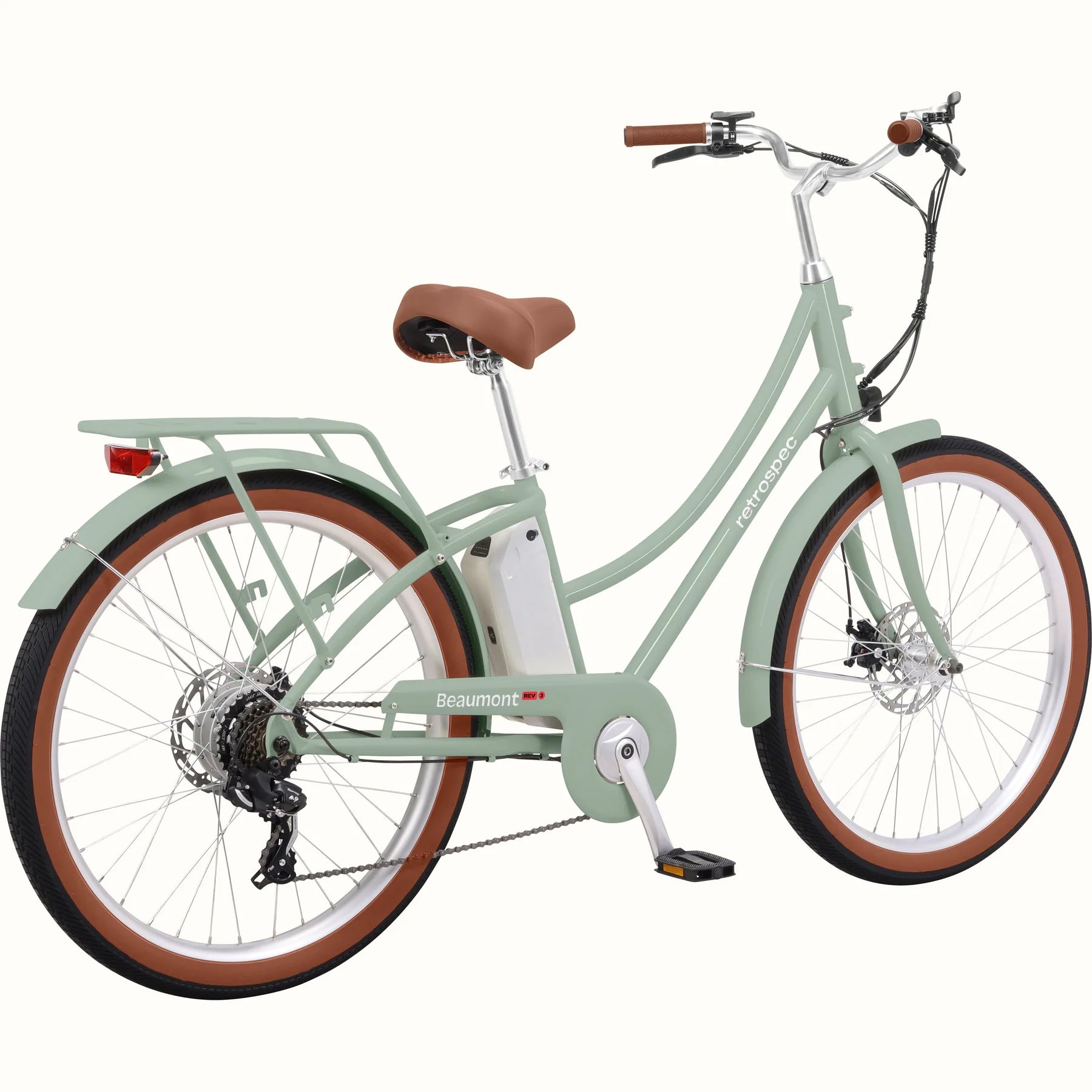 Retrospec Beaumont Rev 3 electric bike in mint green, side view, featuring step-through frame, rear rack, and brown saddle