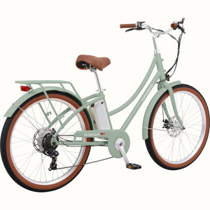 Retrospec Beaumont Rev 3 electric bike in mint green, side view, featuring step-through frame, rear rack, and brown saddle