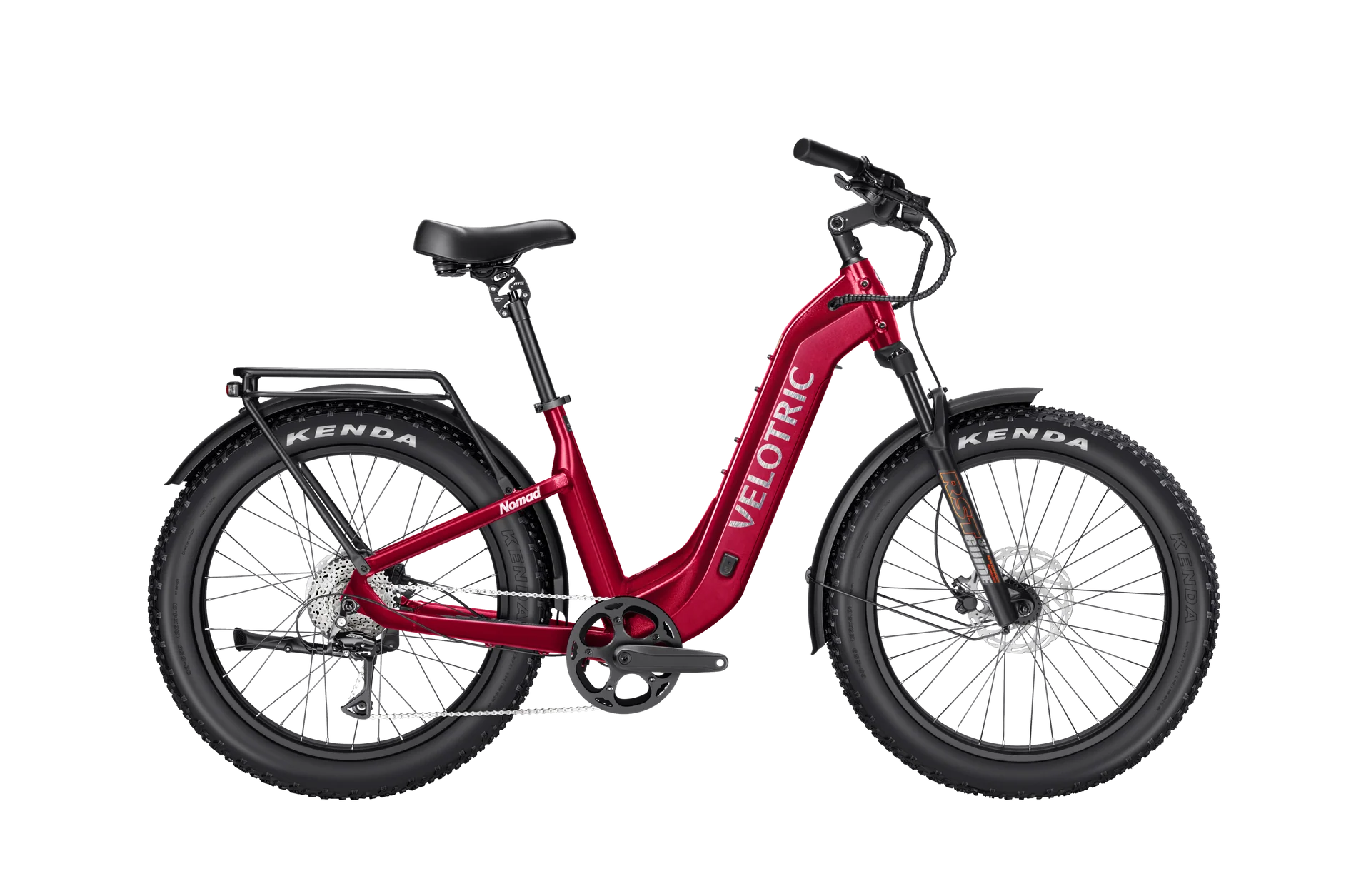 Velotric Nomad 2 electric bike in cranberry red, side view, against a white background