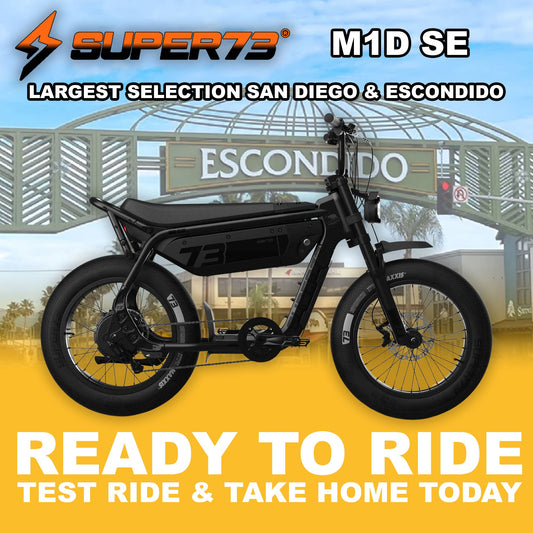 Black Super73 M1D SE eMOTO eBike, side view, ready to ride, against a plain background