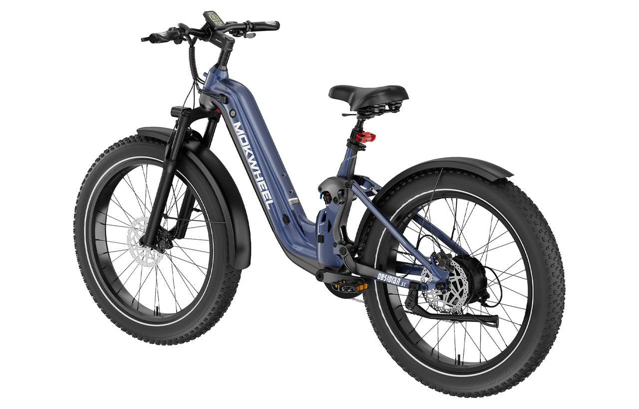 Blue-grey Mokwheel Obsidian ST eBike side view against a grey background