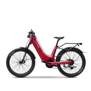 Red Segway Xafari eBike side view, showcasing its sleek frame, thick tires, and modern design against a plain background.