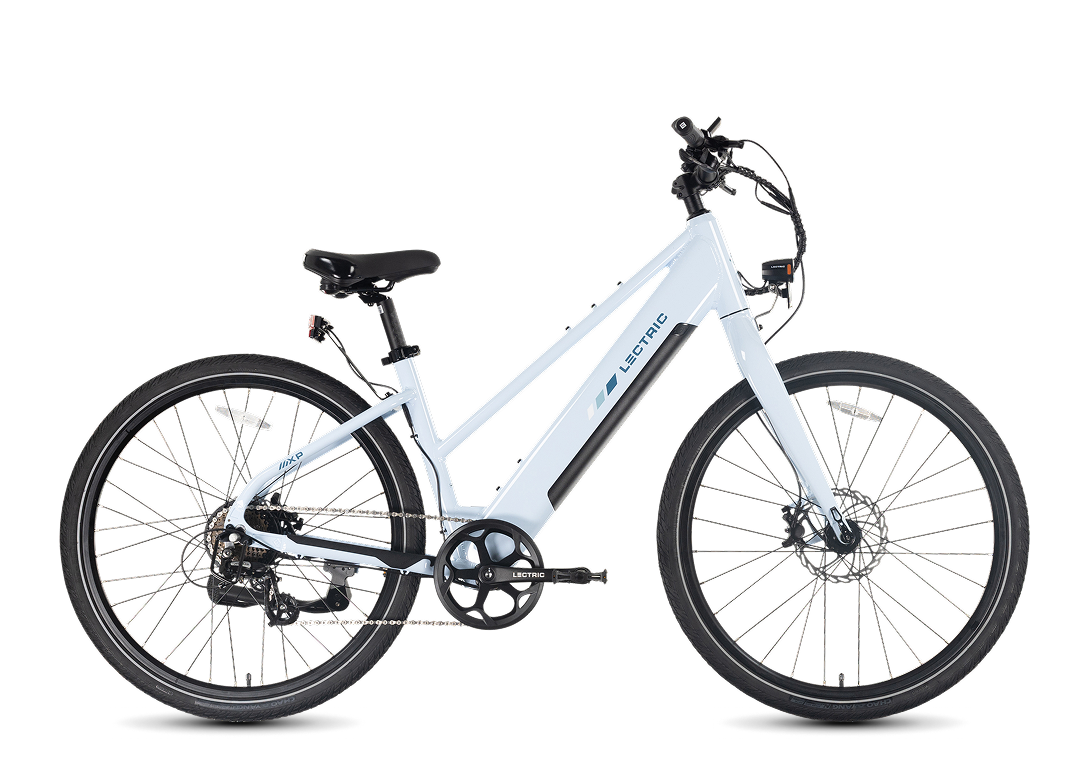 Lectric XPress Lite electric bike in Glacier Blue, side view, against a white background