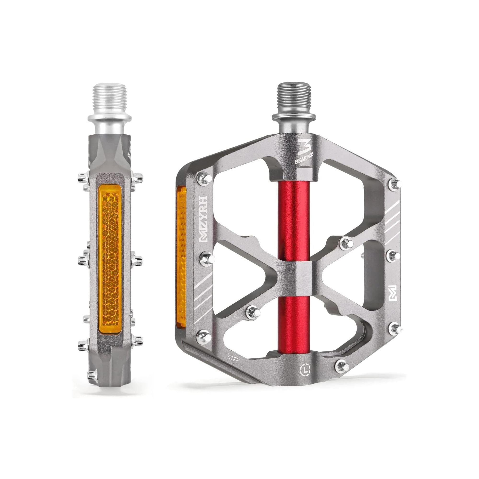 Silver and red alloy eBike pedals with built-in reflectors, shown in a product image.