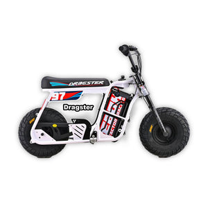 eMOTO Stomp Ebox Dragster electric bike in white, shown in its box with product packaging, model number 810206240267