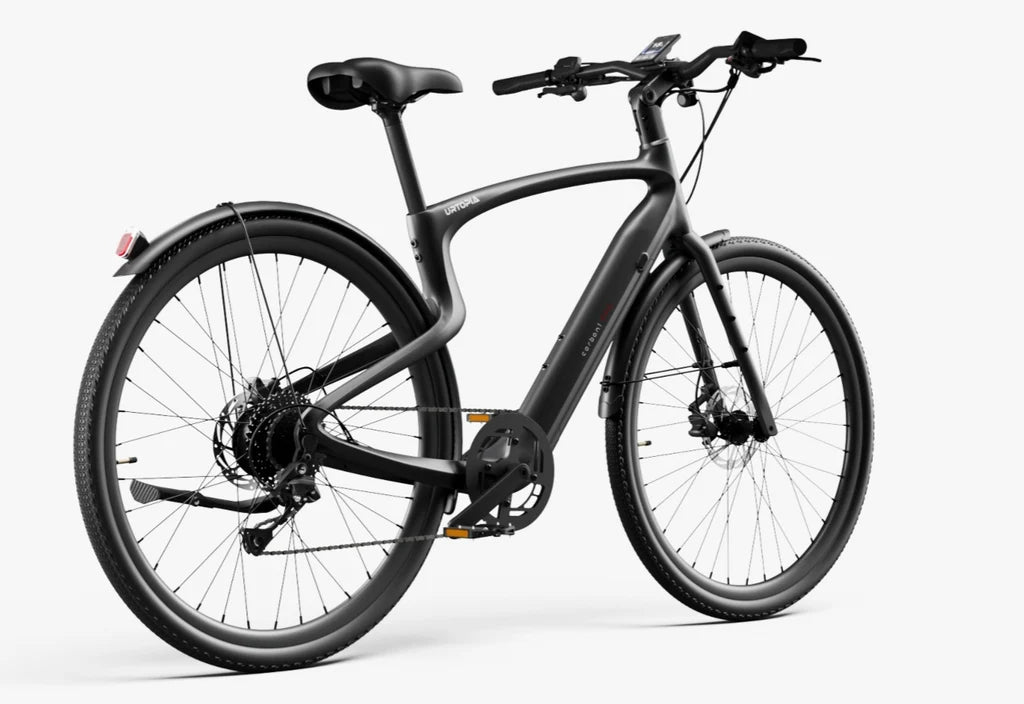 Side view of the Urtopia Carbon Classic eBike in matte black, showcasing its sleek carbon fiber frame, integrated display, and minimalist design against a plain background.