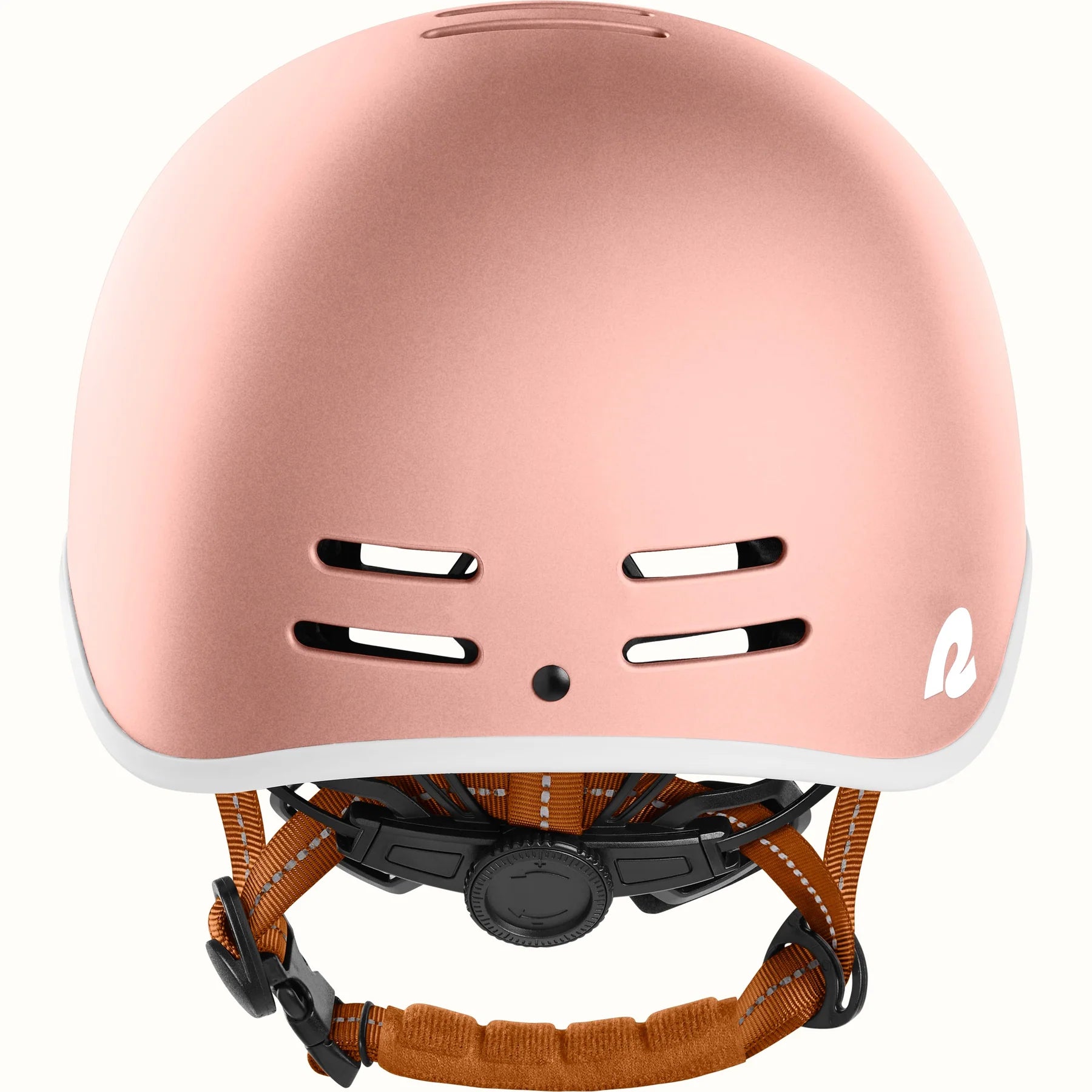 Rose gold Retrospec Remi eBike helmet, side view, with adjustable straps and ventilation holes, displayed on a white background.