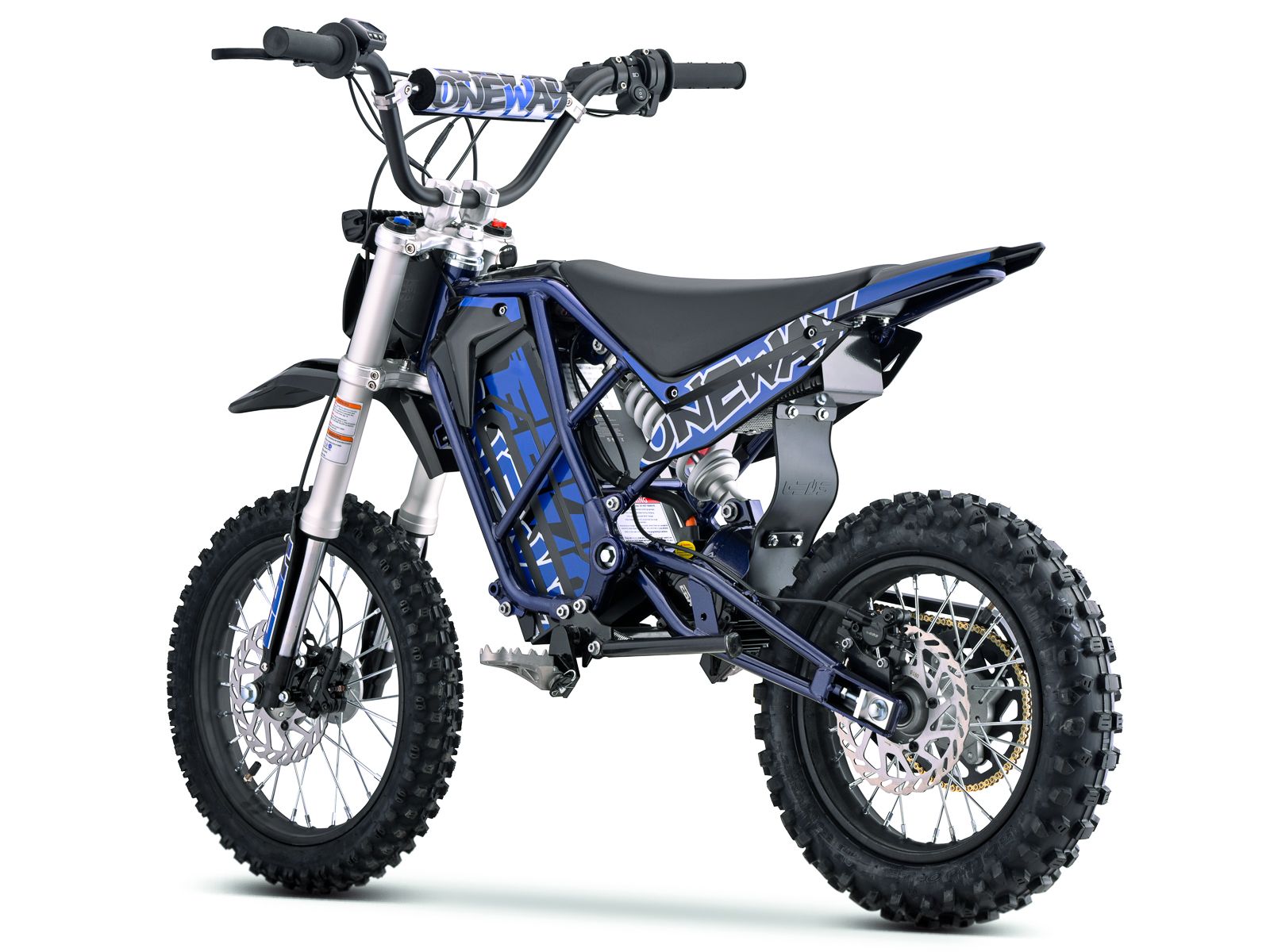 Side view of the eMOTO Stomp Ebox V3 72 RS electric dirt bike, showcasing its black and green frame, knobby tires, and suspension system.