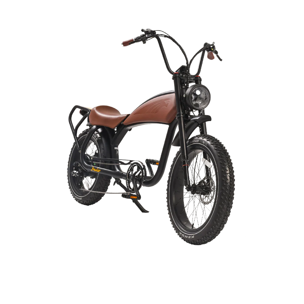 Brown eBike Revi Prowler electric bicycle side view with black tires and saddle, displayed on a white background.