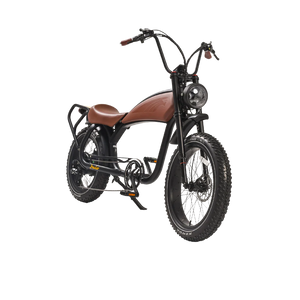 Brown eBike Revi Prowler electric bicycle side view with black tires and saddle, displayed on a white background.