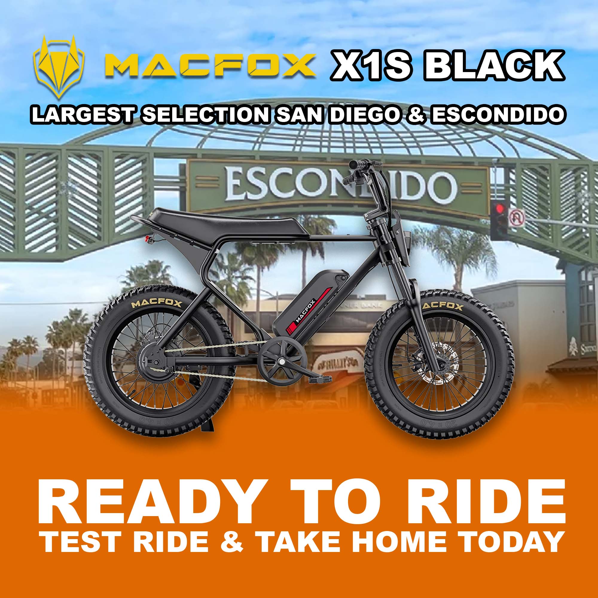 Black eMOTO eBike Macfox X1S, ready to ride, product image, model R2R, barcode 810206240045