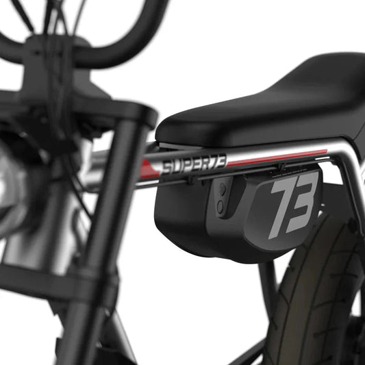 Side view of a Super73 ZX Core eMOTO eBike in a showroom, showcasing its sleek frame, thick tires, and minimalist design; labeled for in-store pickup only.