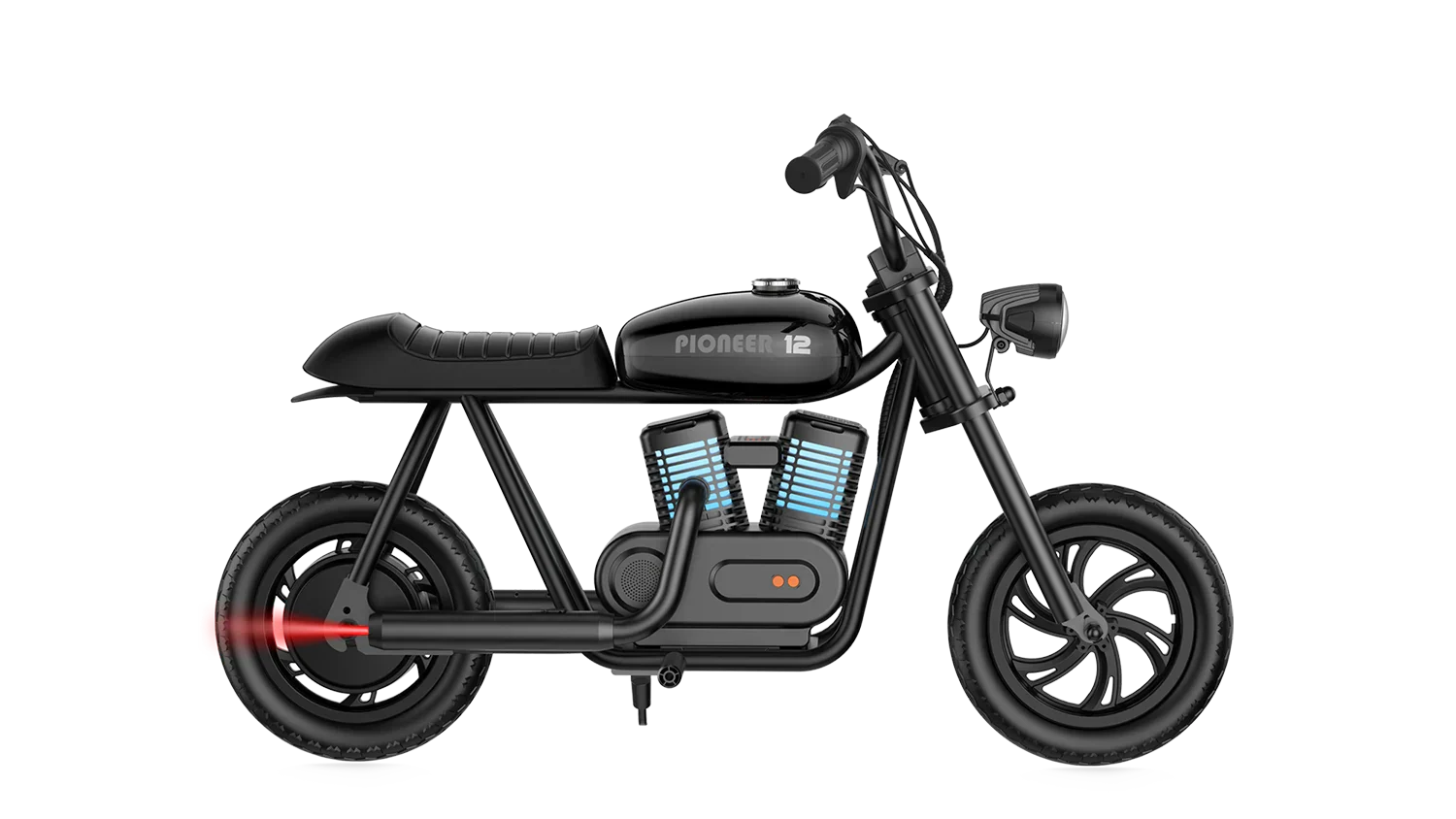Black eMOTO Hyper Gogo Pioneer 12 Plus electric bike without training wheels, side view, product image