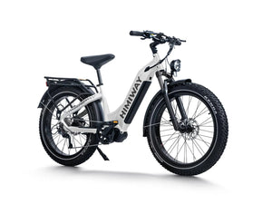 White Himiway D5 Pro Step-Thru eBike side view, showcasing frame design, battery placement, and rear rack.