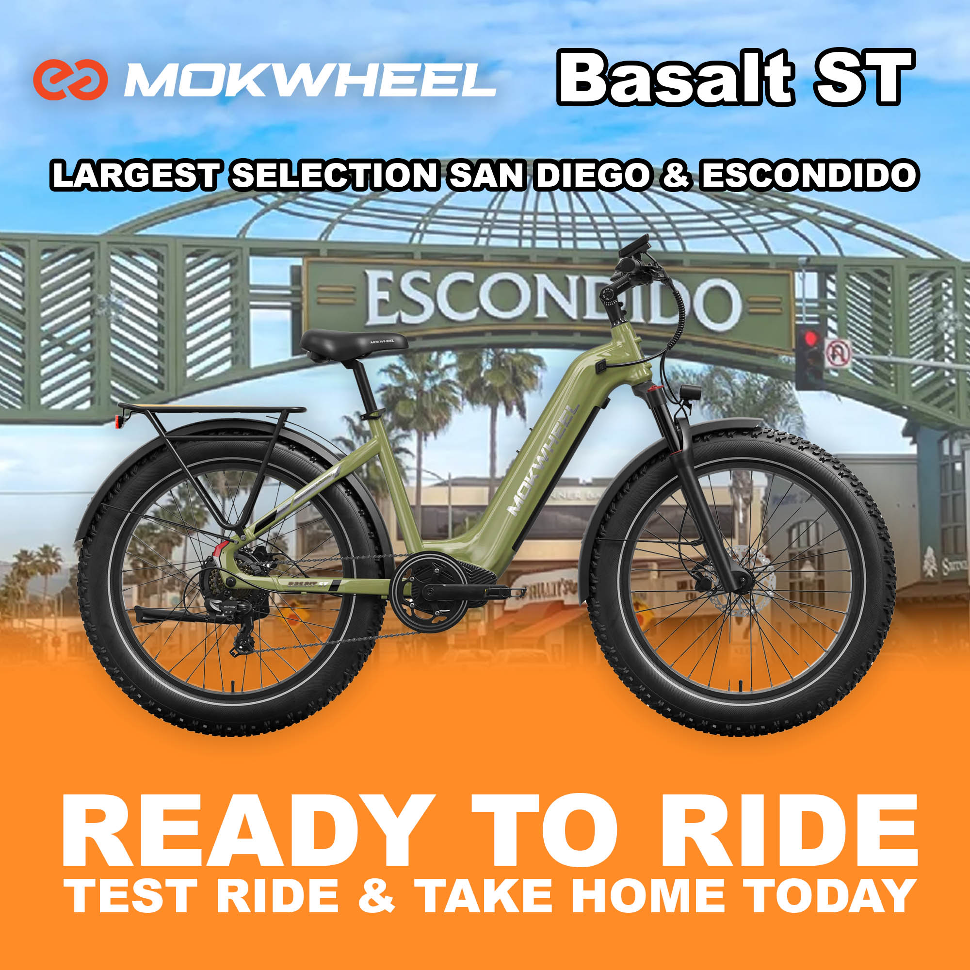 Green Mokwheel Basalt ST eBike, size Large, ready to ride, side view against a plain background